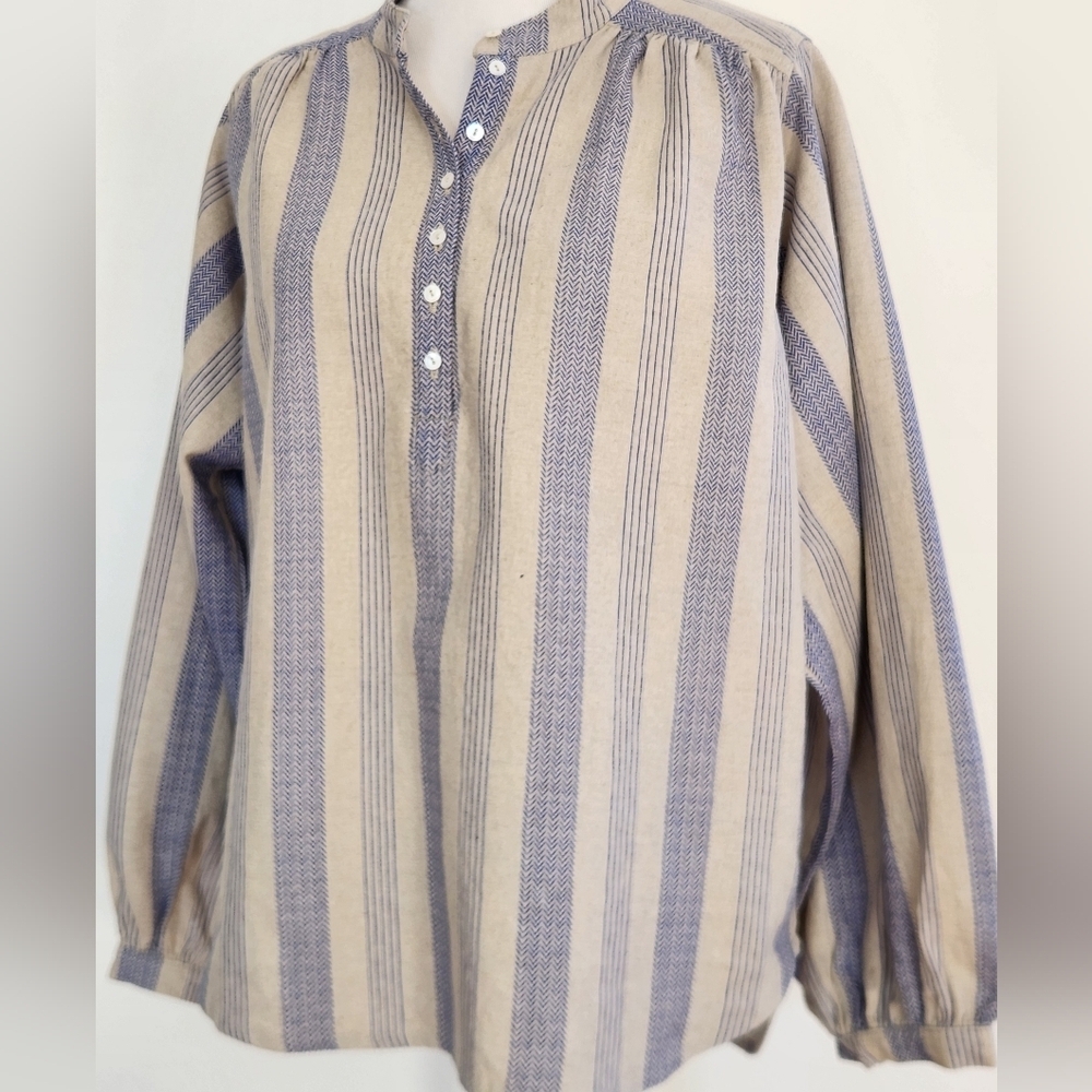 || VALIANTE || linen, henley, buttons, ¾ length sleeves, size xs, blue/tan